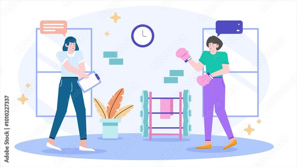 illustration of a fitness consultation featuring a trainer and a boxer in a gym setting animated video illustration of a fitness consultation featuring a trainer and a boxer in a gym setting animated video