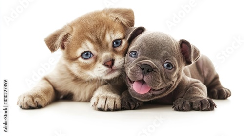 A Kitten and a French Bulldog Puppy Cuddle and Play Together