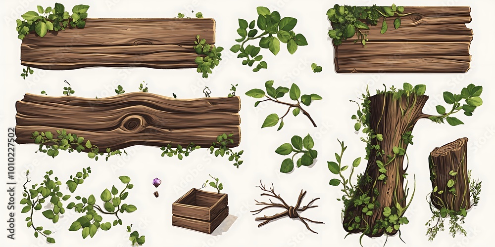 Set of Rustic Wooden Elements with Vines and Leaves for Game Design Set of Rustic Wooden Elements with Vines and Leaves for Game Design