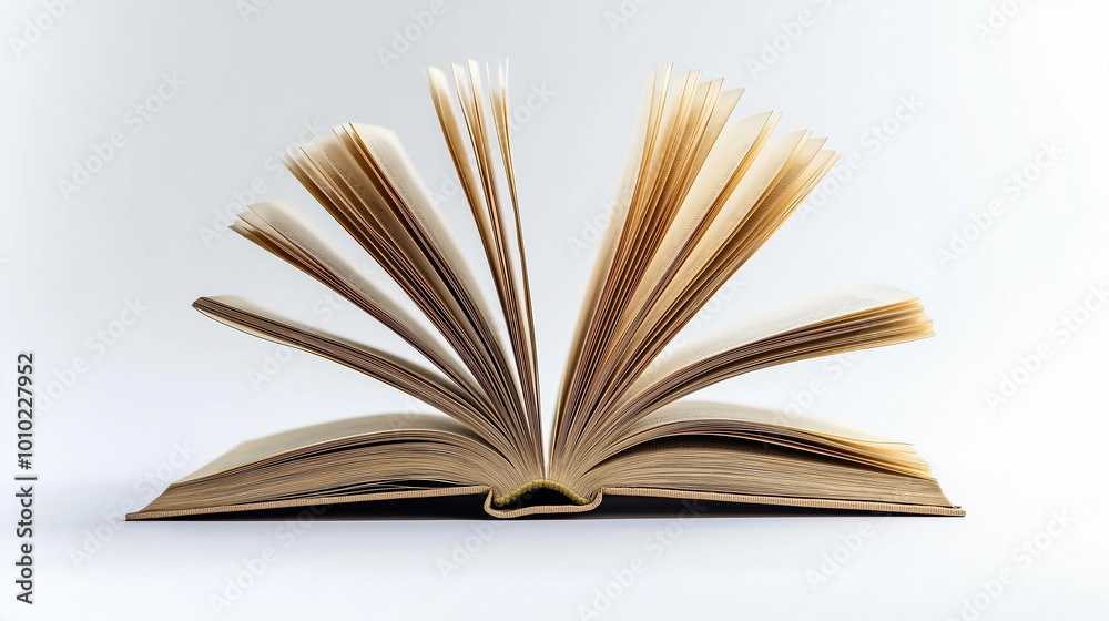Open book is standing on a white background showing its yellow pages Open book is standing on a white background showing its yellow pages