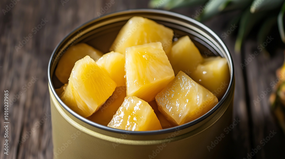 Open can revealing delicious preserved pineapple chunks on wooden table Open can revealing delicious preserved pineapple chunks on wooden table