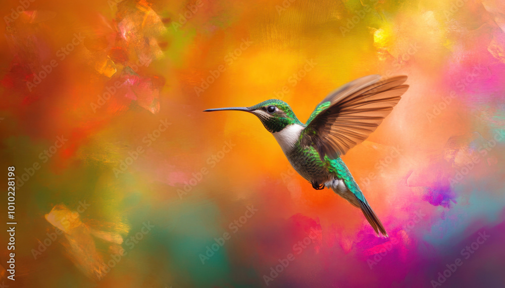 Fototapeta premium Colorful hummingbird hovers mid-air, wings a blur against a vivid, abstract background of oranges, pinks, and greens, capturing the essence of nature's beauty.
