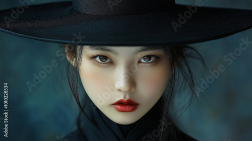 Young asian woman wearing a black hat and red lipstick is staring at the viewer
