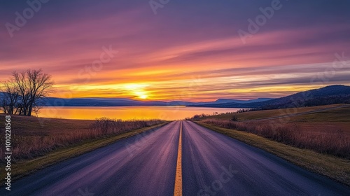 The empty road leading to the lake by sunset