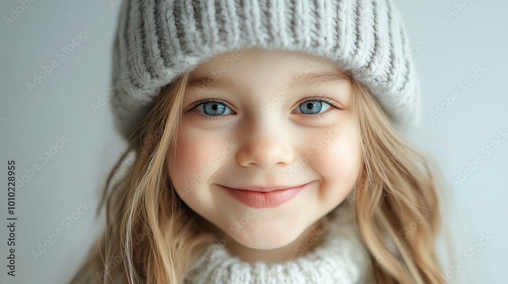 Cute blonde girl with blue eyes is smiling at home in a warm white knitted hat and sweater Cute blonde girl with blue eyes is smiling at home in a warm white knitted hat and sweater