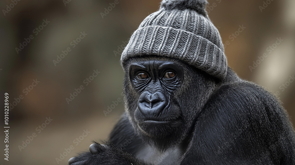 Gorilla wearing a beanie thinking about life in a zoo Gorilla wearing a beanie thinking about life in a zoo
