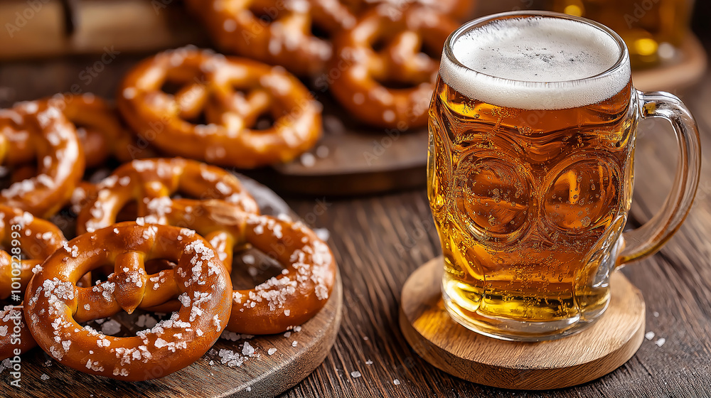 Freshly poured glass of beer on a wooden table with a plate of pretzels beside it Freshly poured glass of beer on a wooden table with a plate of pretzels beside it