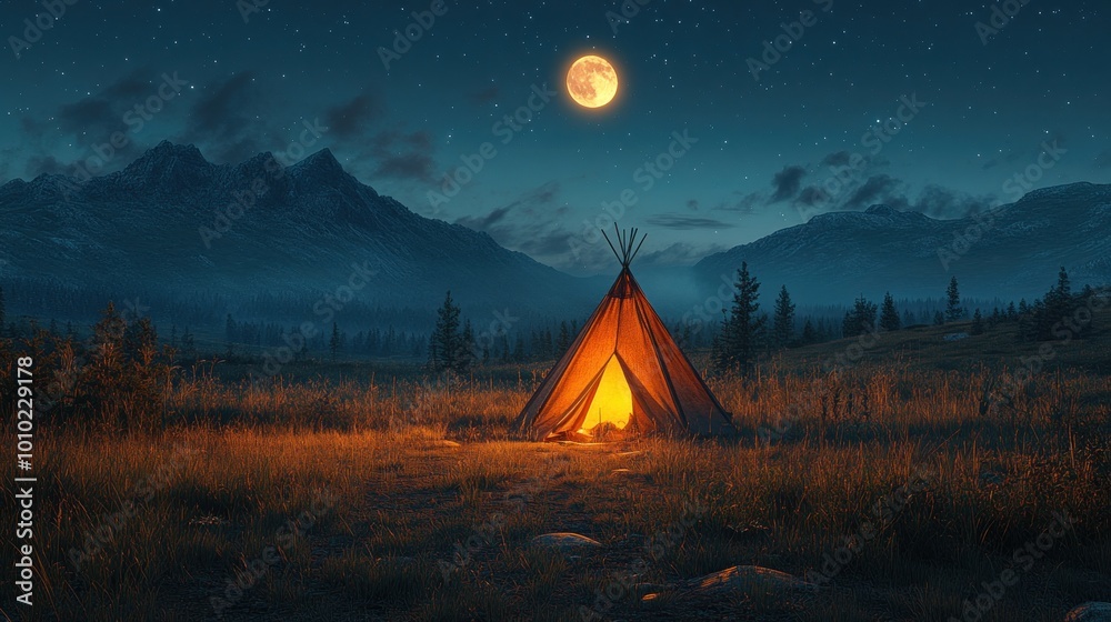 A serene campsite under a moonlit sky amidst mountains. A serene campsite under a moonlit sky amidst mountains.