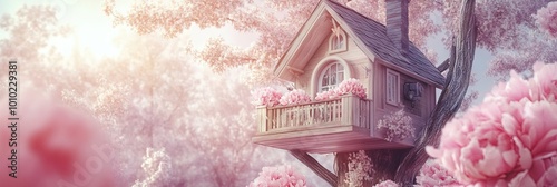 house on a oak-tree with little balcony and a lot of pastel pink peonies photo