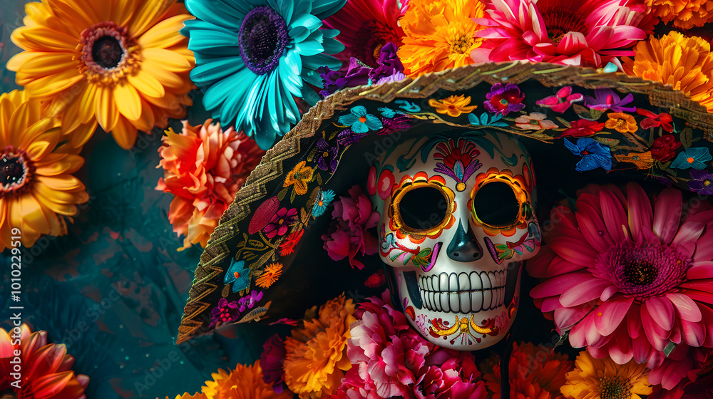 banner for day of the dead, on a floral background close-up of a skull with traditional makeup in a sambrero with flowers banner for day of the dead, on a floral background close-up of a skull with traditional makeup in a sambrero with flowers