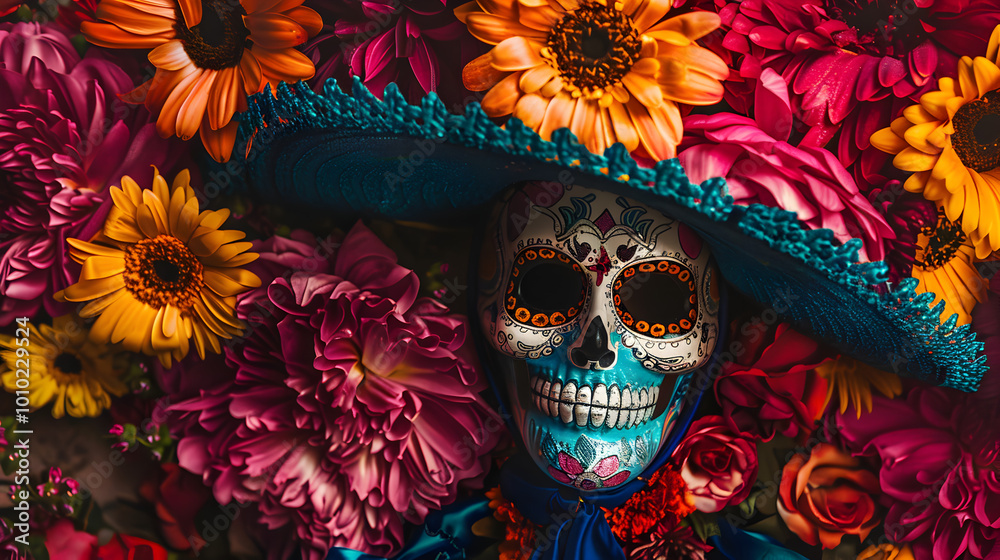 banner for day of the dead, on a floral background close-up of a skull with traditional makeup in a sambrero with flowers banner for day of the dead, on a floral background close-up of a skull with traditional makeup in a sambrero with flowers