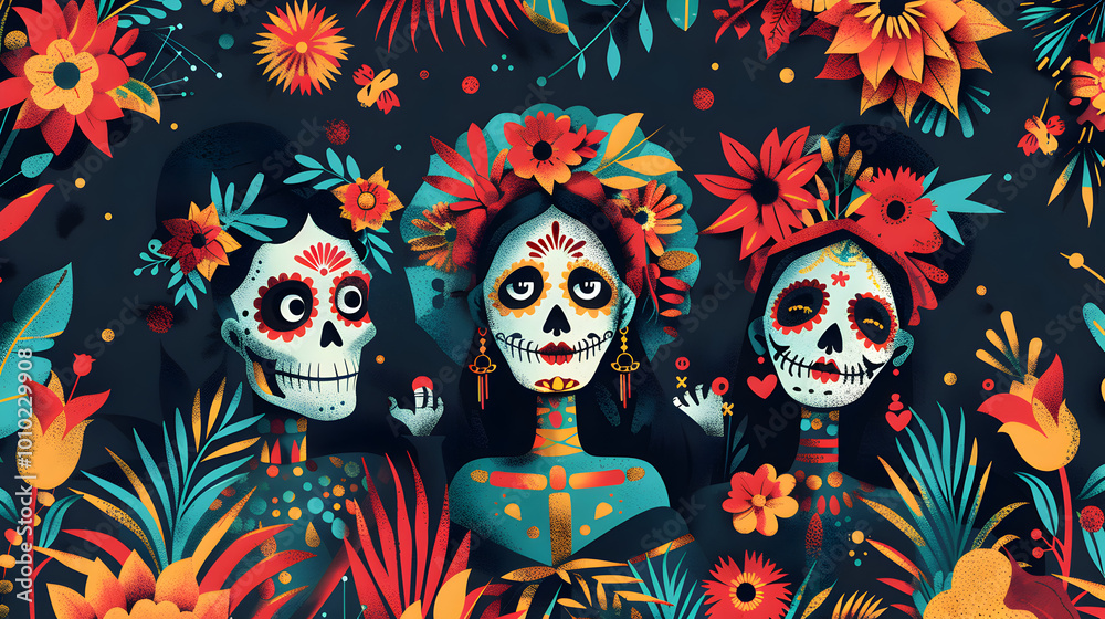 on a dark background image of the symbol of Santa Muerte, a skull with makeup and flowers on a dark background image of the symbol of Santa Muerte, a skull with makeup and flowers