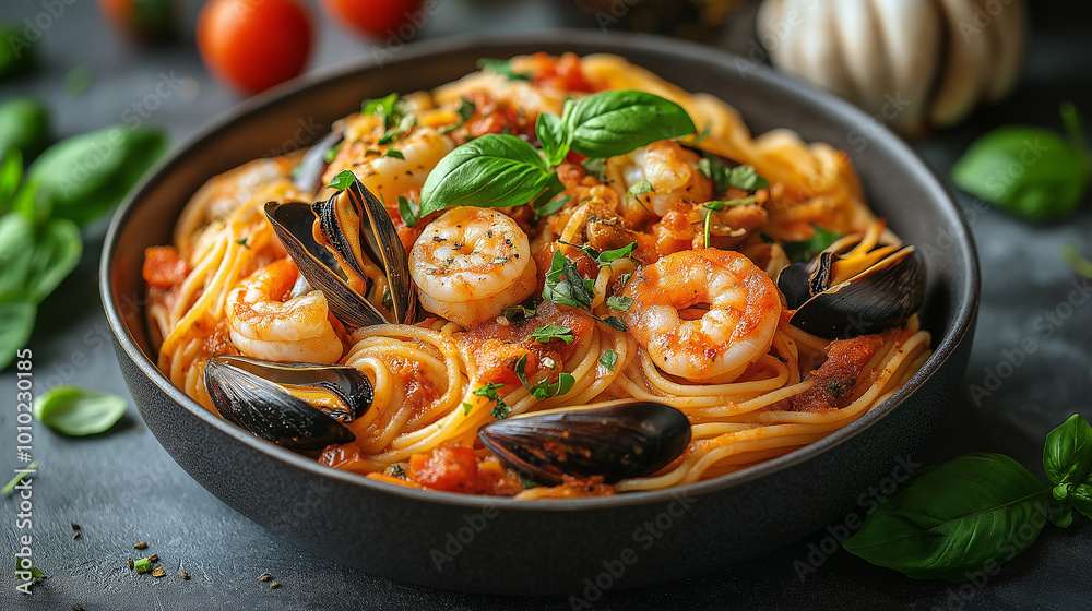 Steaming bowl of spaghetti with shrimp and mussels garnished with basil