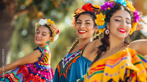 smiling girls in national costumes dancing mexican folk dances, banner on santa muerte