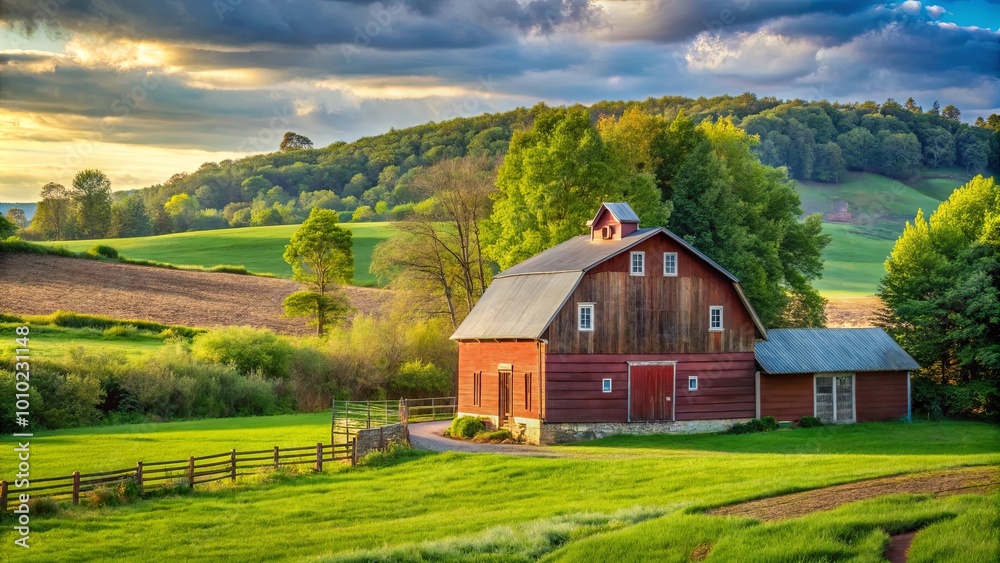 A Rustic Red Barn Stands Proudly in a Lush, Rolling Green Meadow with a Vibrant Sunset Sky Overhead A Rustic Red Barn Stands Proudly in a Lush, Rolling Green Meadow with a Vibrant Sunset Sky Overhead