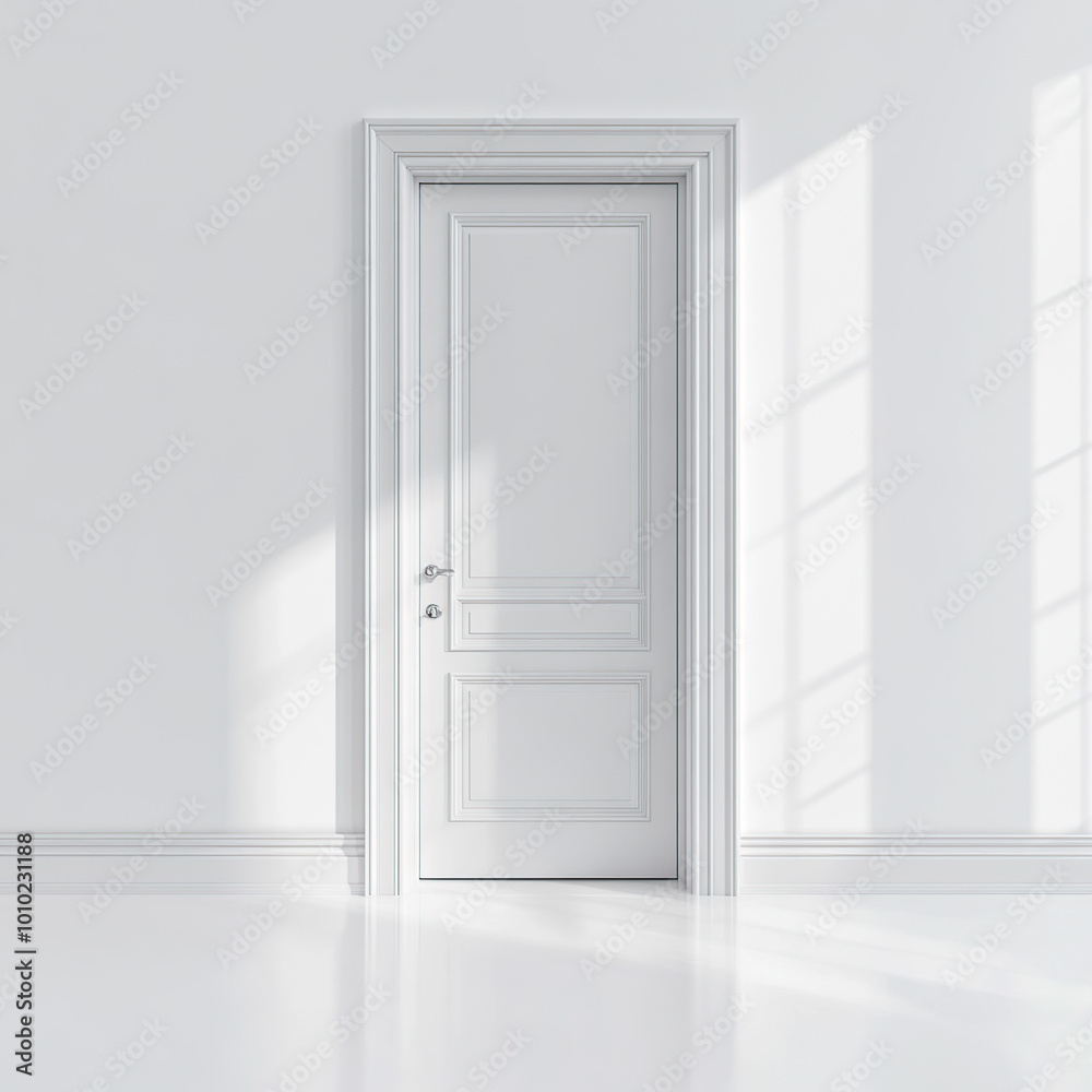 Minimalist, a white door stands in the middle of an all-white wall Minimalist, a white door stands in the middle of an all-white wall