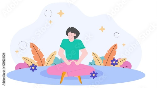 a person in a meditative pose surrounded by serene nature elements highlighting themes of peace mindfulness and relaxation illustration animated video