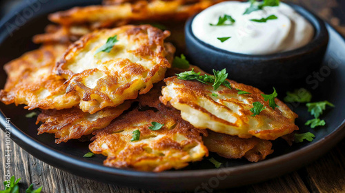 Potato pancakes are served on a black plate with sour cream and parsley