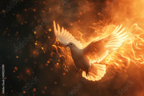 A powerful image of a dove rising from fiery flames, its feathers illuminated by the heat, against a dramatic dark backdrop