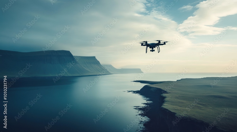 Drone flying over coastal landscape Drone flying over coastal landscape