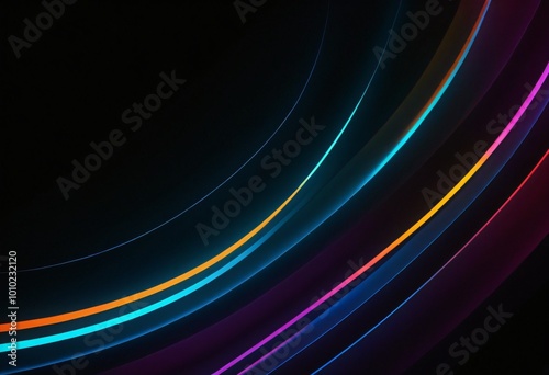  Vibrant abstract lines and curves flowing across a dark background, creating a neon glow effect with a futuristic and dynamic style. Ai generated images