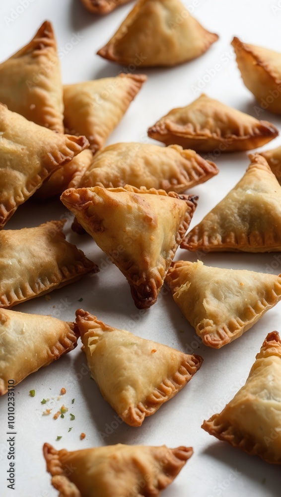 Collection of golden-brown pastries resembling samosas, no people visible