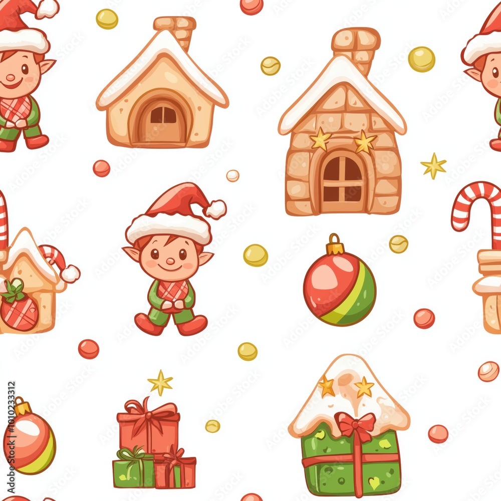 Adorable Christmas Elf and Gingerbread House Pattern with Candy Canes, Presents, and Baubles, Featuring a Festive and Playful Design for Holiday-Themed Wrapping Paper or Fabric Prints Adorable Christmas Elf and Gingerbread House Pattern with Candy Canes, Presents, and Baubles, Featuring a Festive and Playful Design for Holiday-Themed Wrapping Paper or Fabric Prints