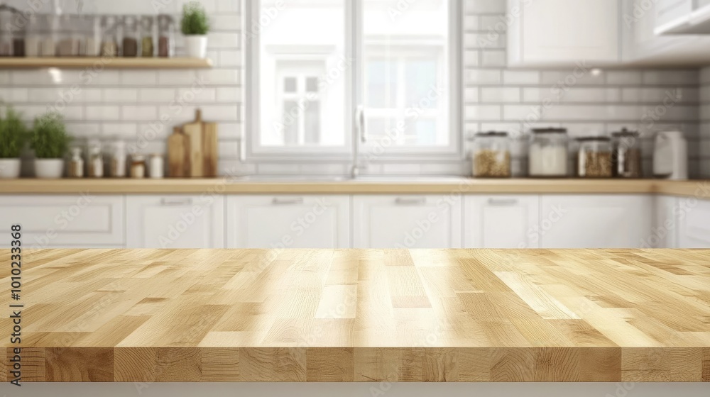Wooden light empty table top in modern white kitchen, kitchen panel in interior Wooden light empty table top in modern white kitchen, kitchen panel in interior
