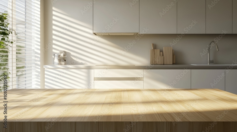 Wooden light empty table top in modern white kitchen, kitchen panel in interior Wooden light empty table top in modern white kitchen, kitchen panel in interior