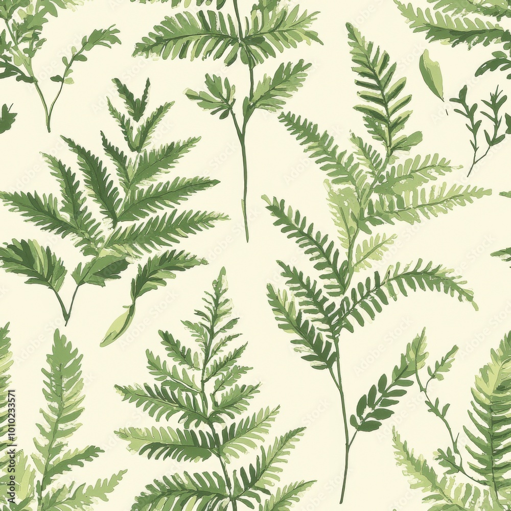 Delicate Fern Leaf Pattern in Various Shades of Green on a Light Cream Background, Featuring a Natural and Elegant Design Perfect for Botanical-Inspired Wallpaper or Fabric Prints Delicate Fern Leaf Pattern in Various Shades of Green on a Light Cream Background, Featuring a Natural and Elegant Design Perfect for Botanical-Inspired Wallpaper or Fabric Prints