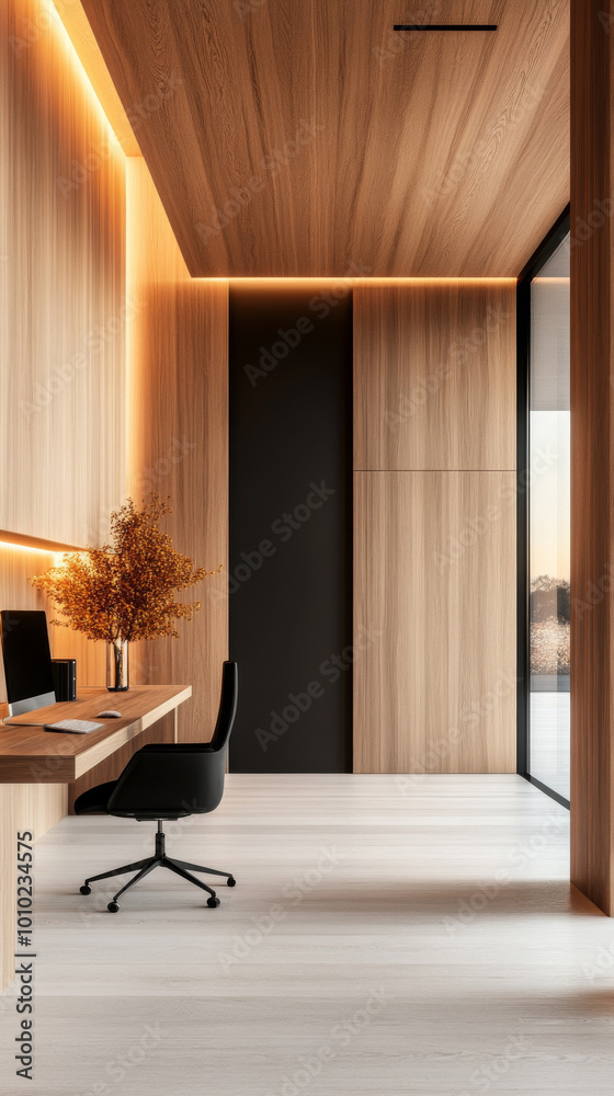 Fototapeta premium Minimalist home office with wooden walls and a large window.