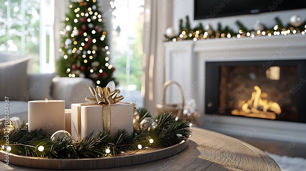 Christmas Decor on Coffee Table with Fireplace and Tree in Background Christmas Decor on Coffee Table with Fireplace and Tree in Background