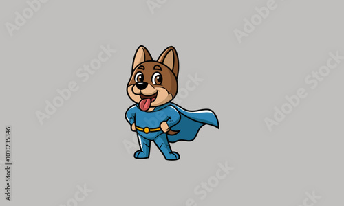 Cartoon dog dressed as a superhero in a blue costume with a cape.