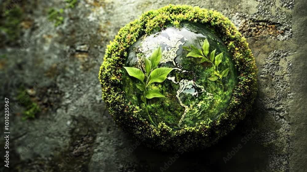 A globe encased in moss and surrounded by leaves sits against a rough stone surface A globe encased in moss and surrounded by leaves sits against a rough stone surface