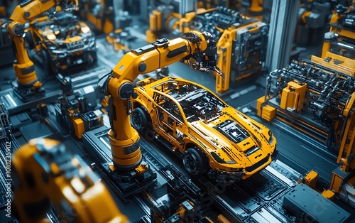 Aerial View of Autonomous Factory Robotic Arms Assembling Electric Vehicle Frames, AI Precision Manufacturing, Cinematic Camera Angle