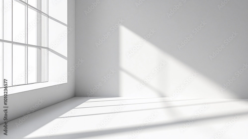 Minimalist empty room with large window and sunlight casting shadows on the wall and floor. Minimalist empty room with large window and sunlight casting shadows on the wall and floor.