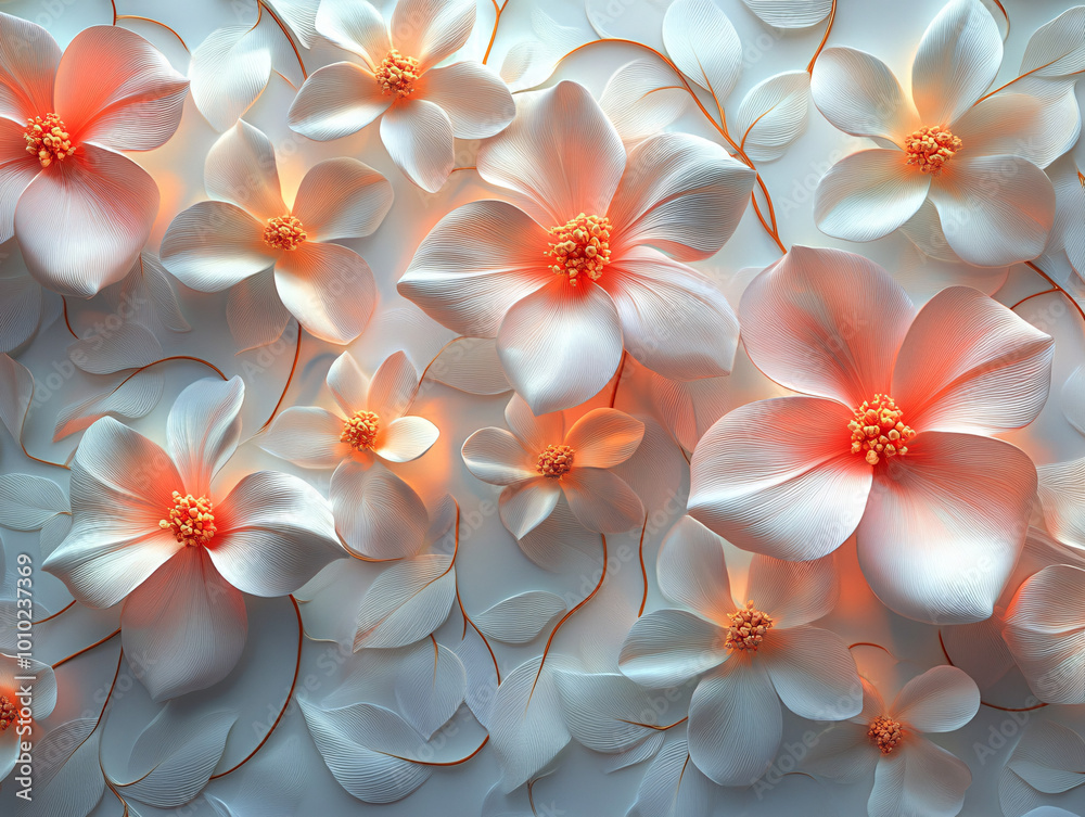 A 3D floral pattern featuring blooming flowers in soft pastel colors, creating a gentle and elegant atmosphere. Ideal for interior design and fashion. A 3D floral pattern featuring blooming flowers in soft pastel colors, creating a gentle and elegant atmosphere. Ideal for interior design and fashion.