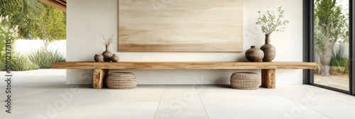 Minimalist wooden bench with vases and a large canvas in a modern zen home.