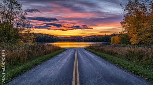 The empty road leading to the lake by sunset