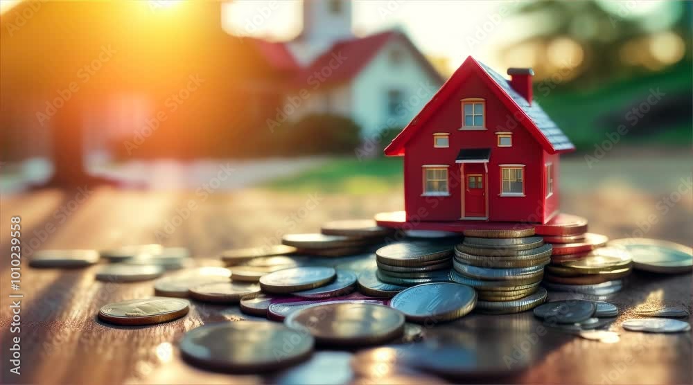 A small red house model placed on a pile of coins with a blurred sunlight background, symbolizing real estate investment and financial growth. A small red house model placed on a pile of coins with a blurred sunlight background, symbolizing real estate investment and financial growth.