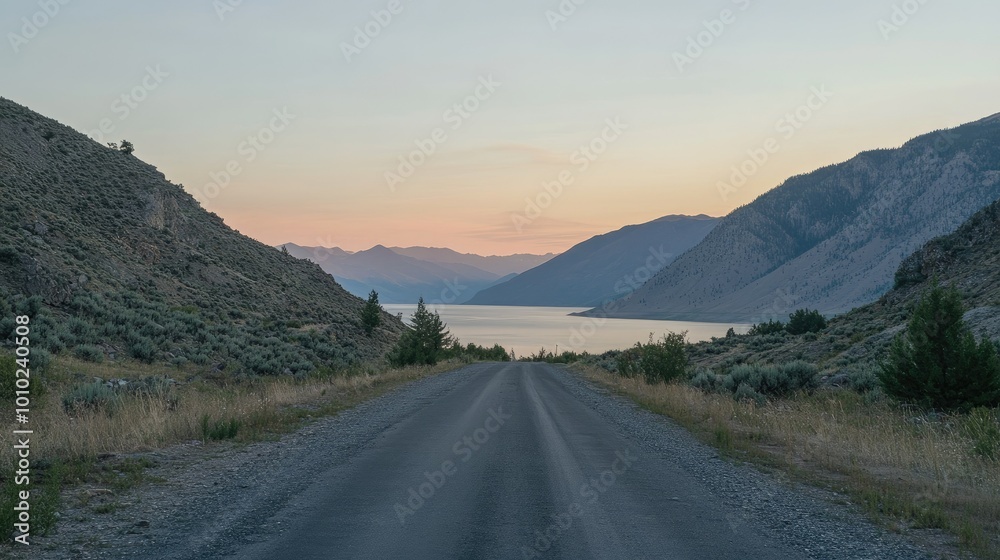The empty road leading to the lake by sunset The empty road leading to the lake by sunset