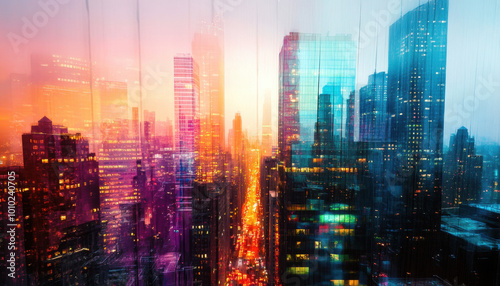 Vibrant cityscape with a colorful blend of lights and skyscrapers, creating a dynamic urban atmosphere during twilight in the rain.
