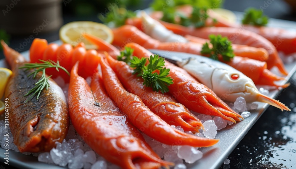 Fresh seafood platter with vibrant shrimp and fish on ice Fresh seafood platter with vibrant shrimp and fish on ice
