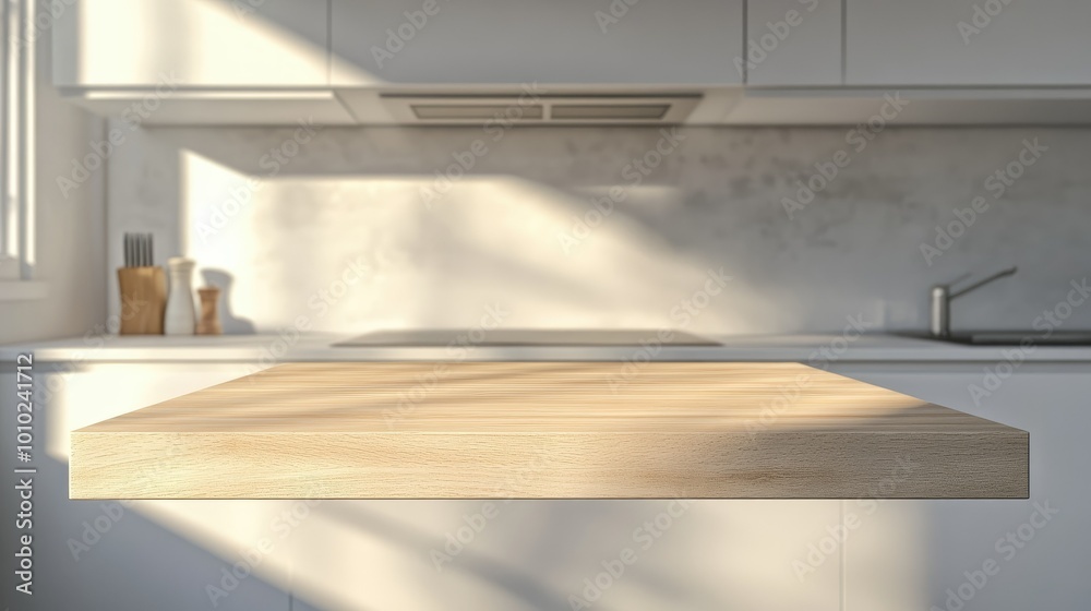 Wooden light empty table top in modern white kitchen, kitchen panel in interior Wooden light empty table top in modern white kitchen, kitchen panel in interior