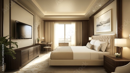 Luxury hotel room interior design with king bed  tv  and large window