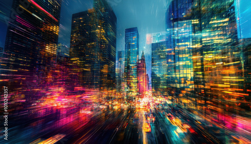 Vibrant cityscape at night featuring skyscrapers with bright neon and colorful lights  creating a dynamic and futuristic urban atmosphere.