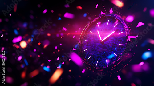 Colorful explosion of lights around a modern clock on a dark background.