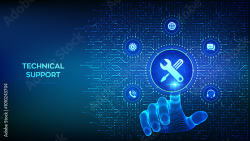 Technical support. Customer help. Online tech support. Customer service technology concept. Background with circuit board connections, tech icons. Wireframe hand pressing button. Vector Illustration.