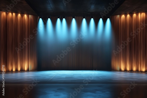 Empty Stage with Blue Spotlights and Wooden Wall Backdrop