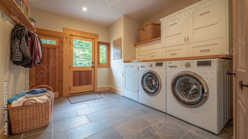 Laundry room with washing machine, detergents, and basket, clean and organized space